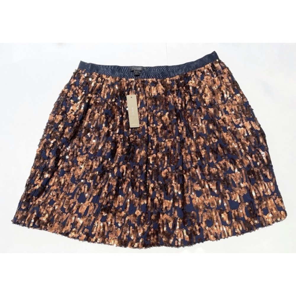 New J CREW Abstract Sequin Skirt Navy/Copper Pockets Lined Size 8 E5108 Women